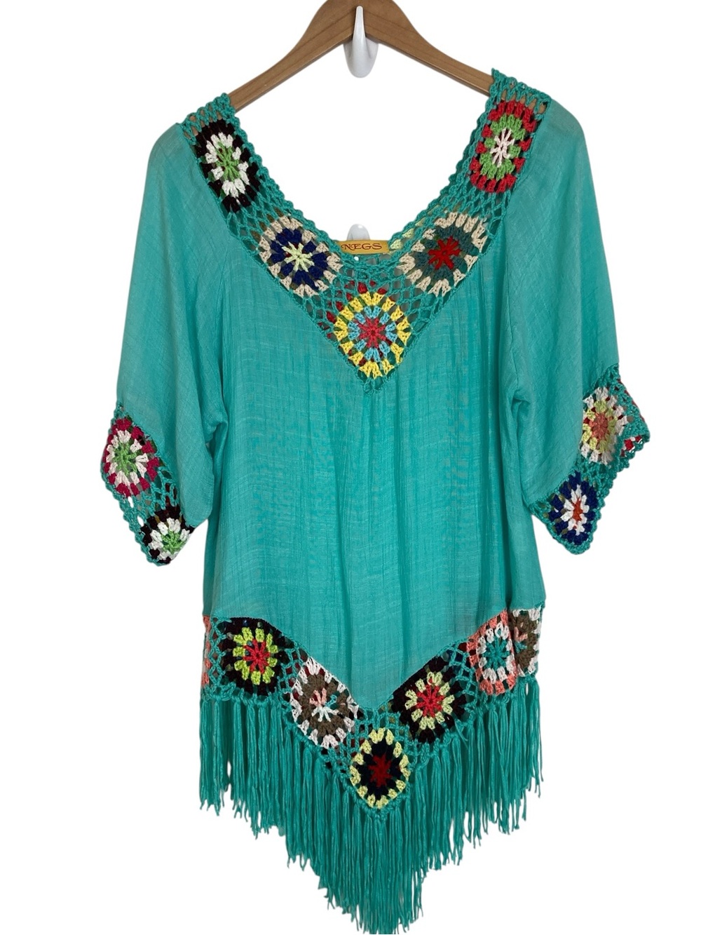 Boutique NEGS Turquoise Crochet and Trim Fringe Top, Size S/M